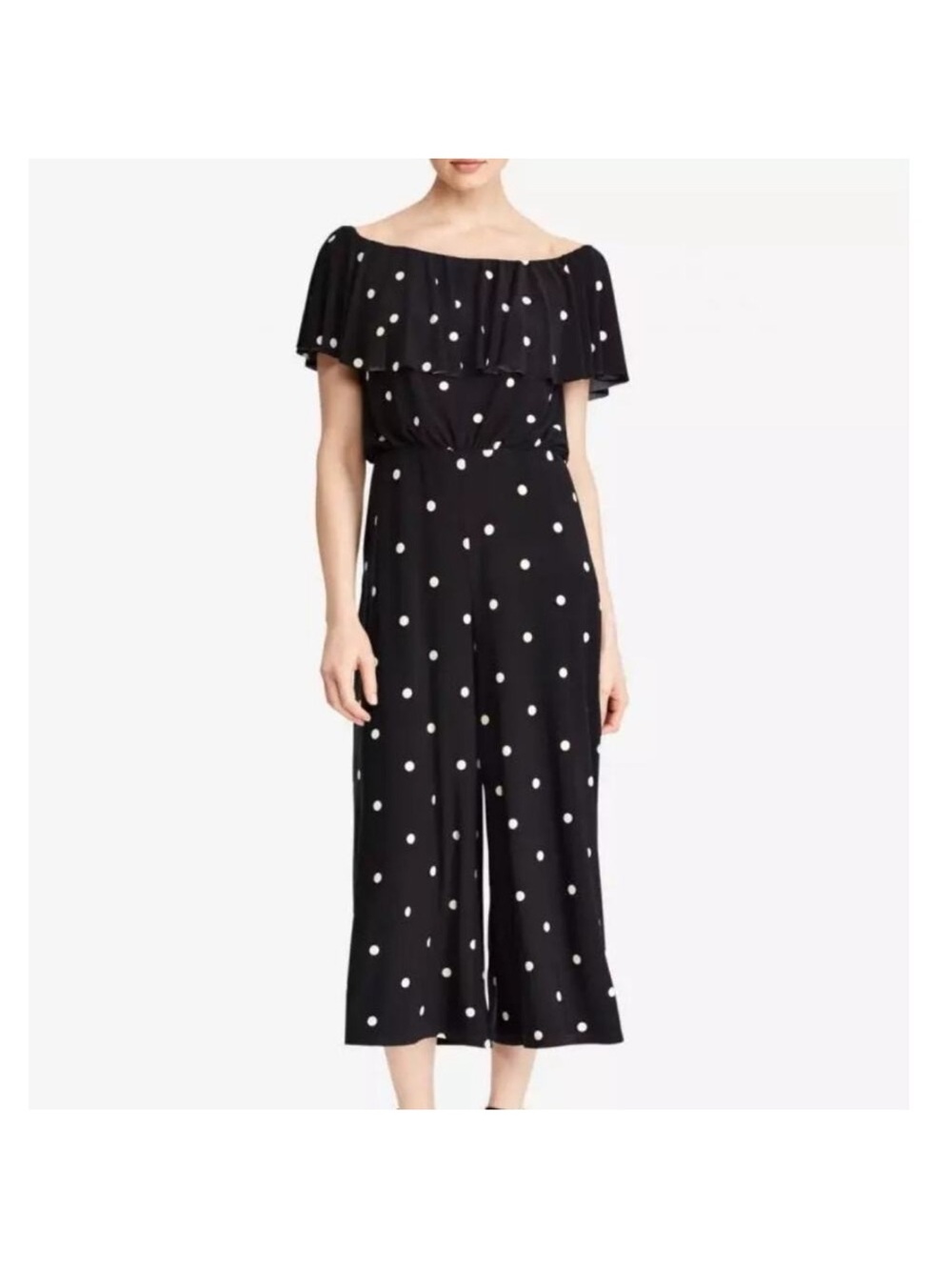 Lauren Ralph Lauren Black and White Polka Dot Off-Shoulder Jumpsuit